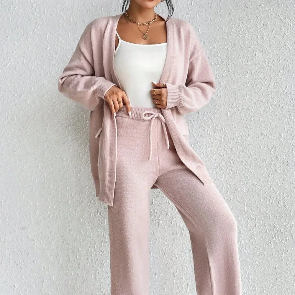 Pink Casual Womens Drop Shoulder Cardigan & Tie Front Knit Pants